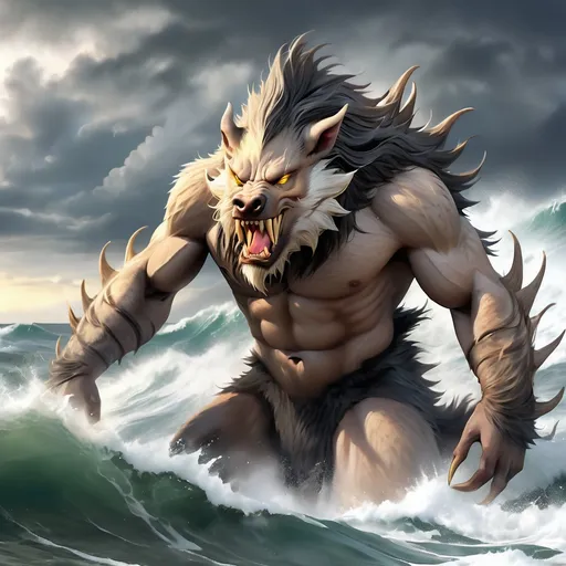 Prompt: Sea Monster covered in light tan and dark grey fur with wild boar-like razor sharp tusks and pale yellow eyes, masterpiece, best quality, background stormy sea