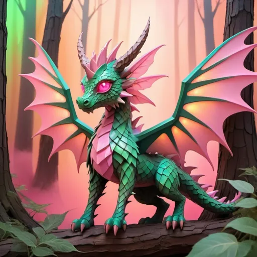 Prompt: Fairy Dragon with brown-bark like scales with tan spikes green leaf-like wings glowing pink eyes and glowing pink mist-like mane, background fairy forest, in cubism art style