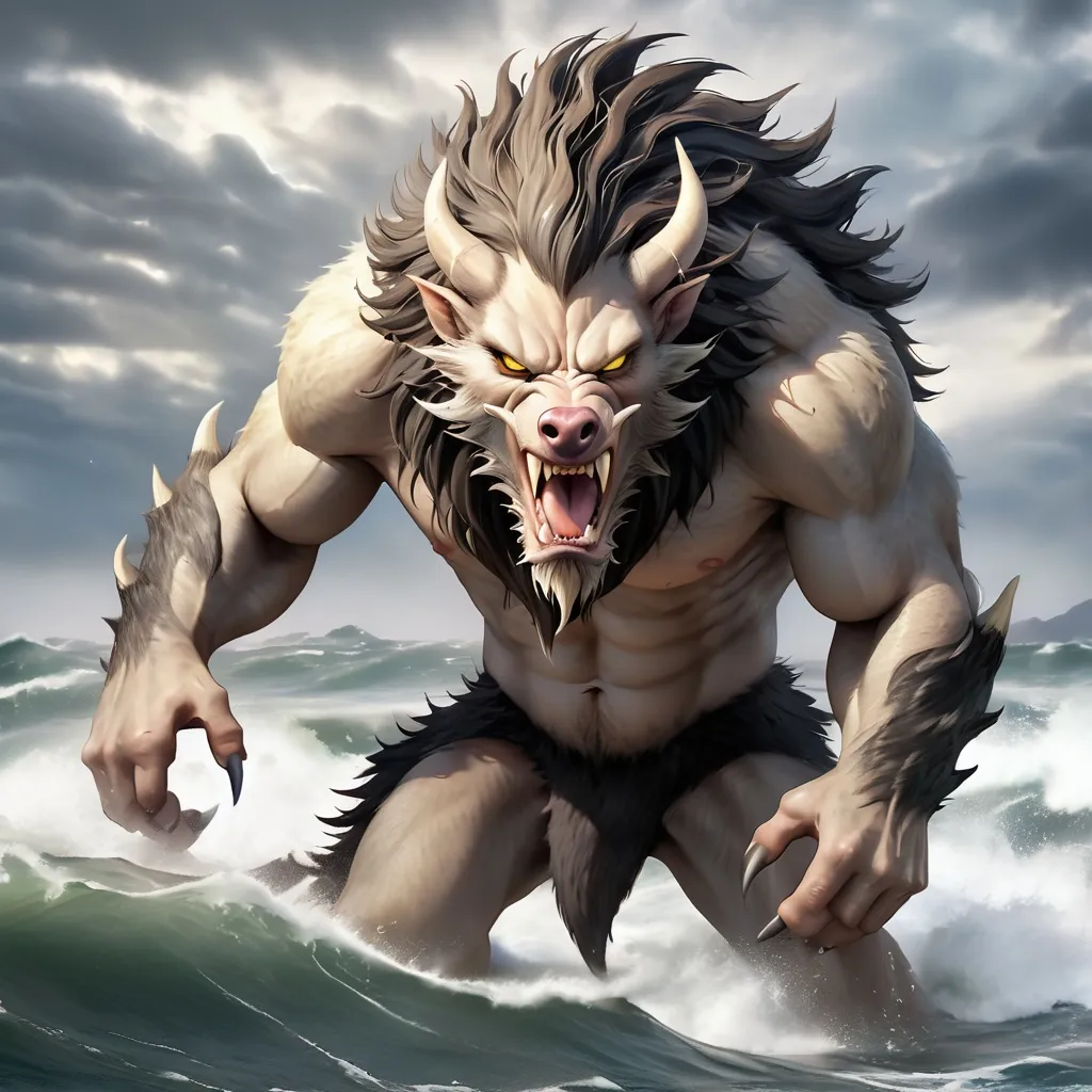 Prompt: Sea Monster covered in light tan and dark grey fur with wild boar-like razor sharp tusks and pale yellow eyes, masterpiece, best quality, background stormy sea