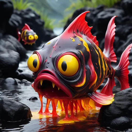 Prompt: Fish made of red and yellow lava slime with stalk eyes that are lazy and fangs it peaks out of lava rivers, masterpiece, best quality