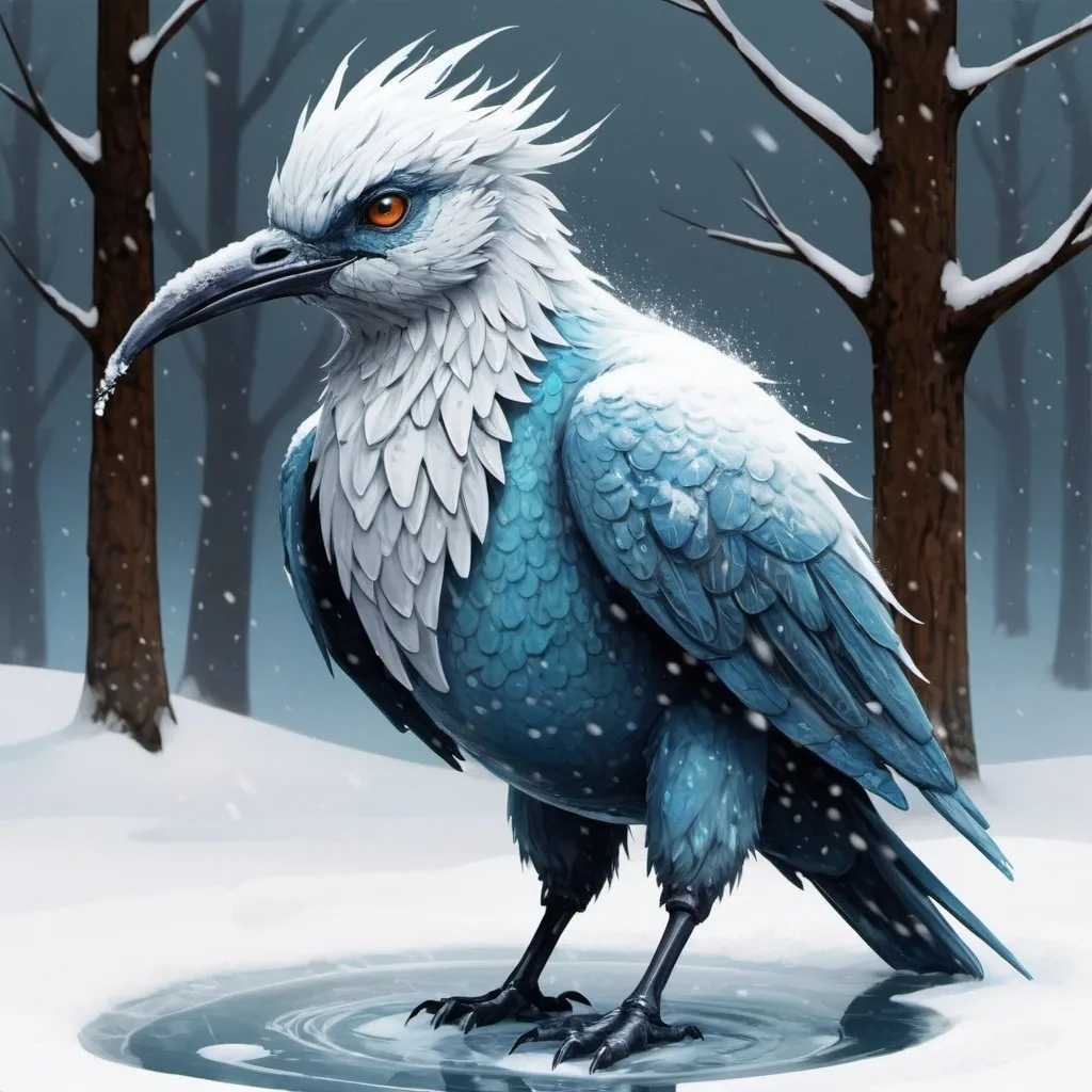 Prompt: A legendary bird creature. It freezes water that is contained in winter air and makes it snow in hurricane marker art style