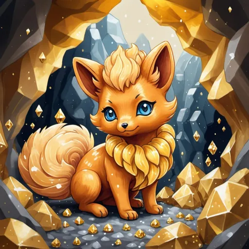 Prompt: Gold colored Vulpix and covered in Gold crystals background crystal cave, in gouache painting art style
