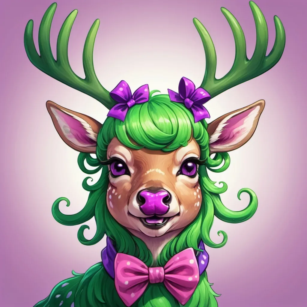 Prompt: deer with vivid green fur and antlers that end in swirly circles a silly hat on it's head that is green with a pink bow and violet purple lips and teeth,, in visual novel art style