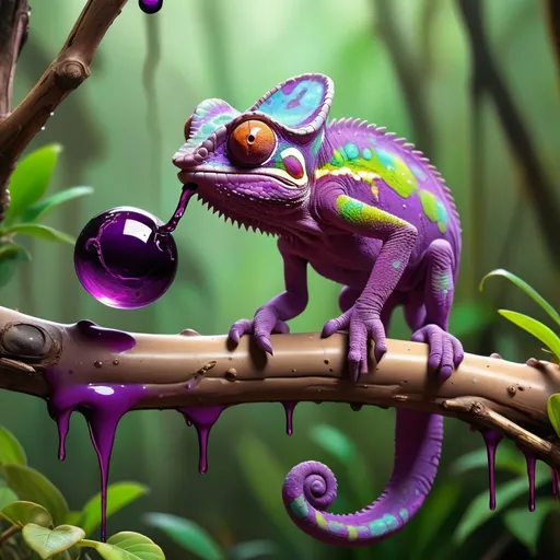 Prompt: Chameleon on a branch tounge out a giant purple dripping orb of sludge being launched from it, in airbrush art style, masterpiece, best quality, background jungle