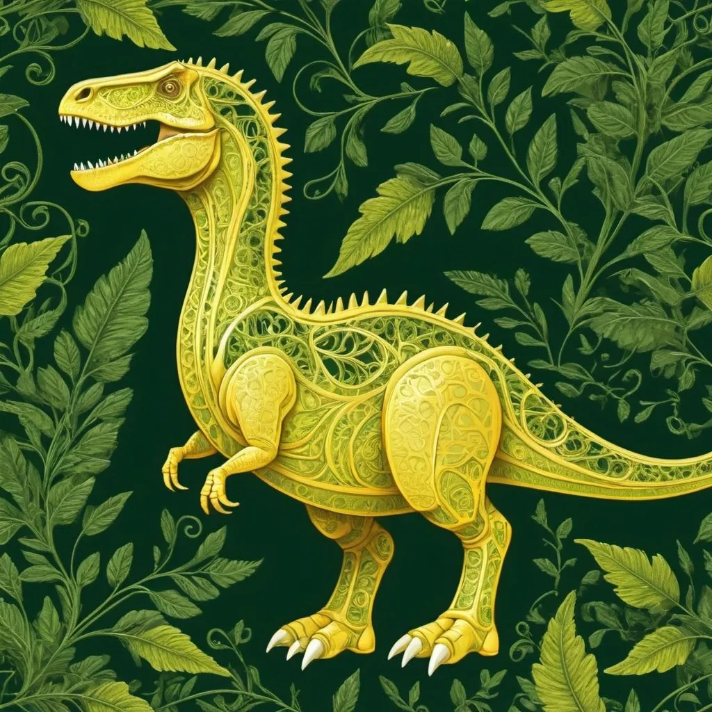 Prompt: yellow herbivorous dinosaur with green leaves in filigree art style
