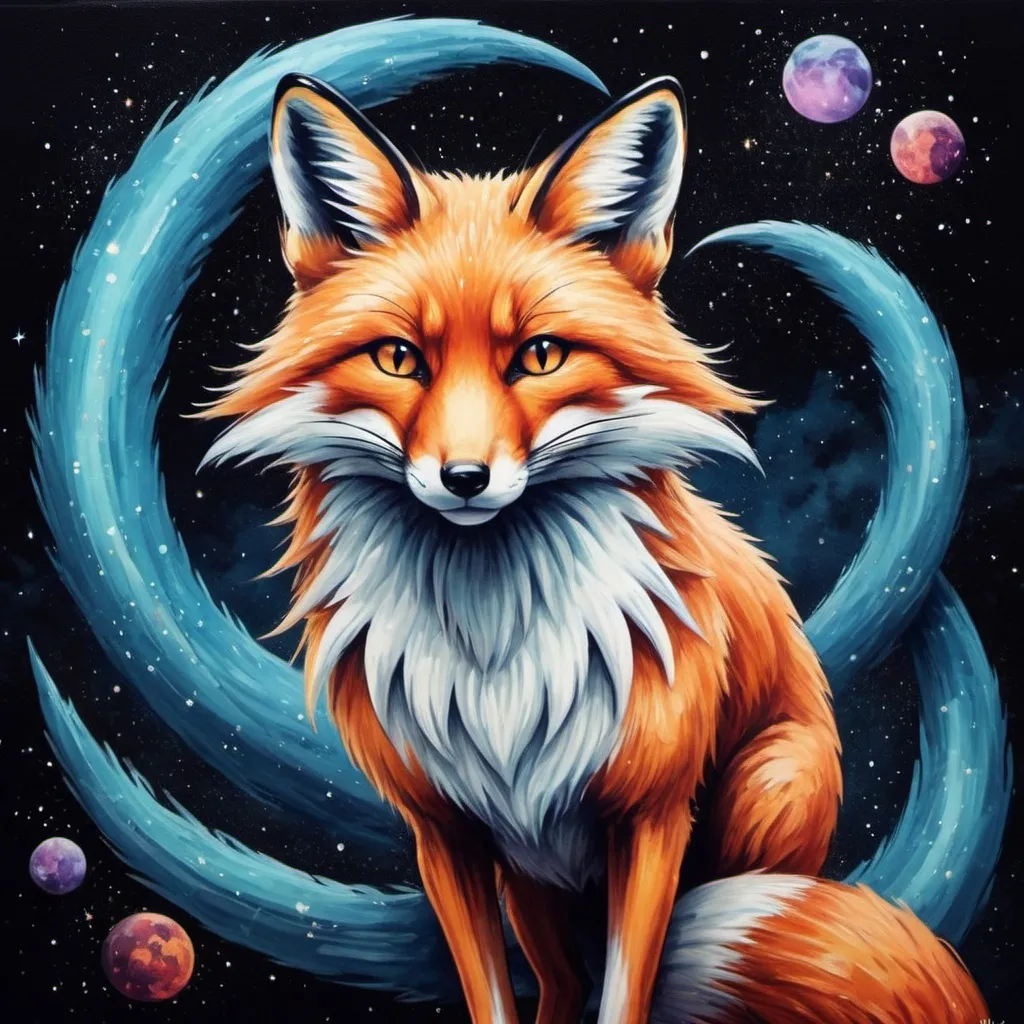 Prompt: incipient Long Tail cosmic fox in creepy pasta canvas painting art style