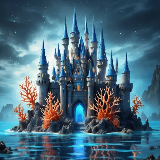 Prompt: A castle made of spiked golden coral with blue glowing ruin markings, coral reef, illusions and magic, Masterpiece, Best Quality