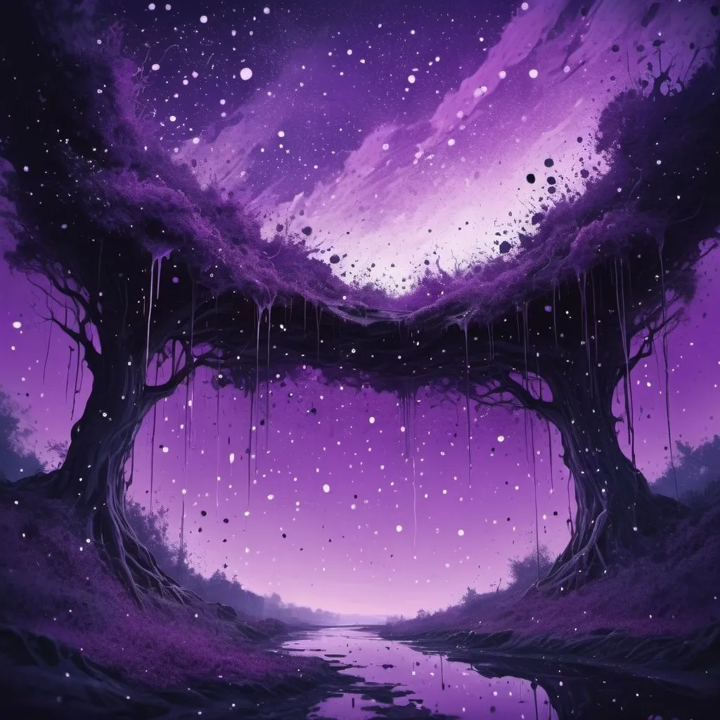 Prompt: beautiful Like storybook steeped in nightmare bathed in a purple sky Stars splattered like flecks of paint. Falling. in electronic dreamscape art style
