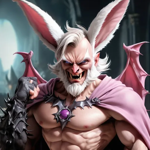 Prompt: Adelbert Greywing, Male, dressed in a bunny costume with bunny ears, mutant humanoid bat with many sharp fangs and claws, masterpiece, best quality