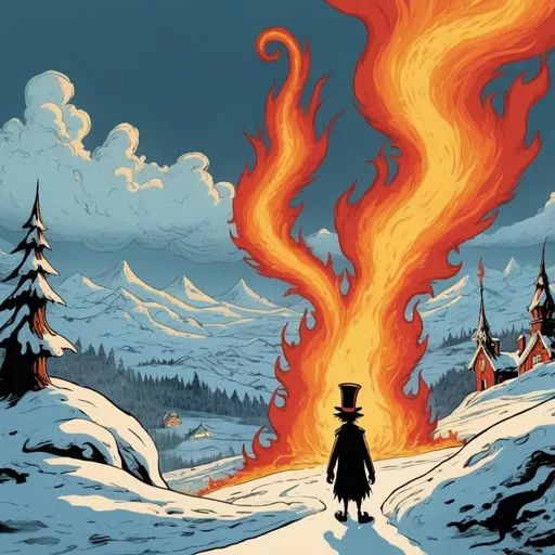 Prompt:  The snow catches fire and the sky splits apart with flame as demonic presence makes itself known, in Dr. Seuss art style
