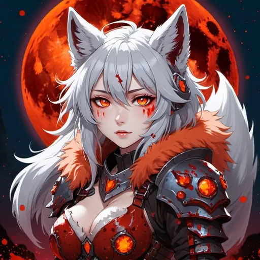 Prompt: Bloodfang Anime Girl with orange and crimson fur bushy tail blue glowing eyes wolf ears and dressed in ragged armor splattered with crimson, background crimson moon, in magna art style