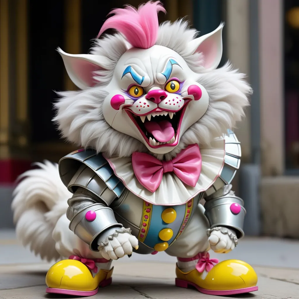 Prompt: silver and white furred Thundercat that is clown-like with a pink bow and yellow pointed shoes sticking their tongue out and wearing mirror armor, background fancy store, best quality, masterpiece