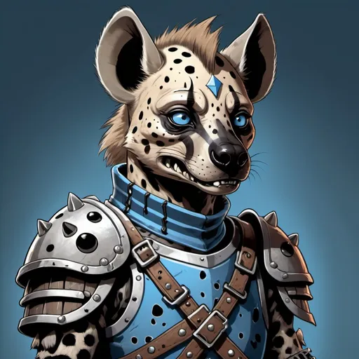 Prompt: Hyena of brown fur with black spots with patches of skelly showing through and clad in recruit armor of silver and blue, in horror cartoon art style