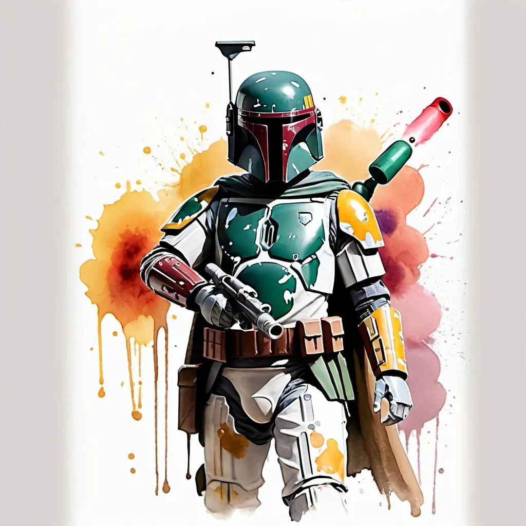 Prompt: Boba Fett with a paint cannon, in watercolor painting art style