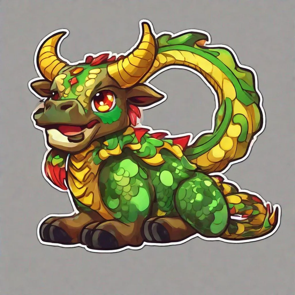 Prompt: Cow, vivid green scales, yellow underfur, brown dragon horns, glowing red eyes, chinese-dragon like tail, masterpiece, best quality, in sticker art style
