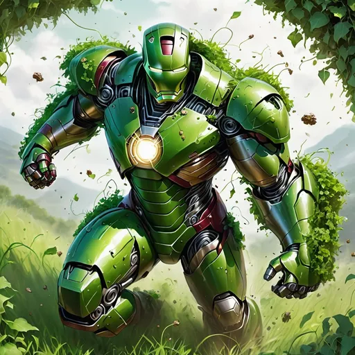 Prompt: Grass Green Iron Man suit, covered in grass and vines and blasting seeds out of a shoulder cannon