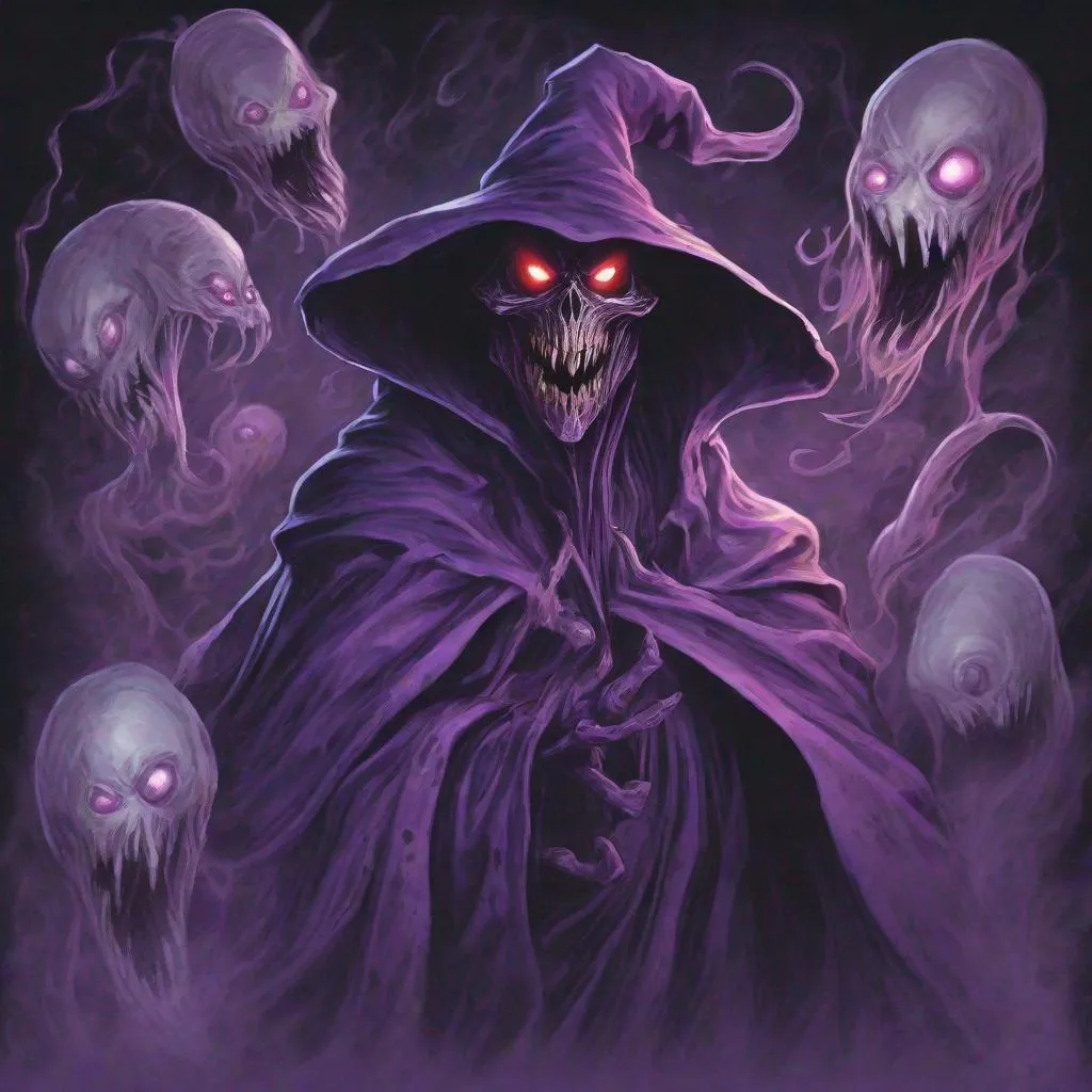 Prompt: symbiote dressed in a purple wizards robe and hat, red eyes, surrounded by ghosts, nightmare fuel, Masterpiece, Best Quality, in pastel drawing art style