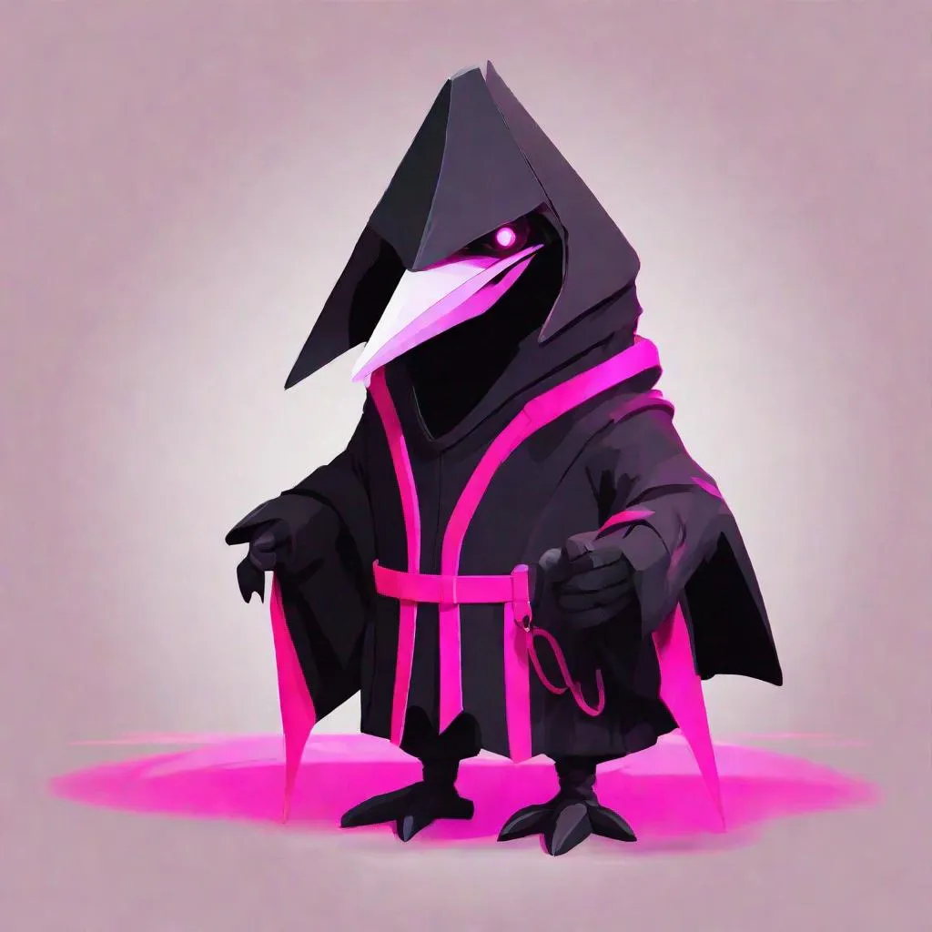 Prompt: Kenku, Wearing Rubber Suit, jet black and fuchsia with a magenta glow, masterpiece, best quality, in flat design art style