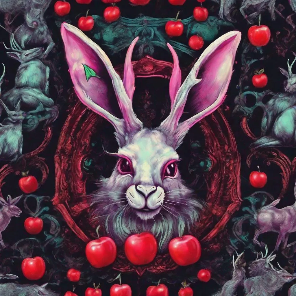 Prompt: Evil Queen Jackalope, poison apples and magic mirrors, masterpiece, best quality, in spray paint art style