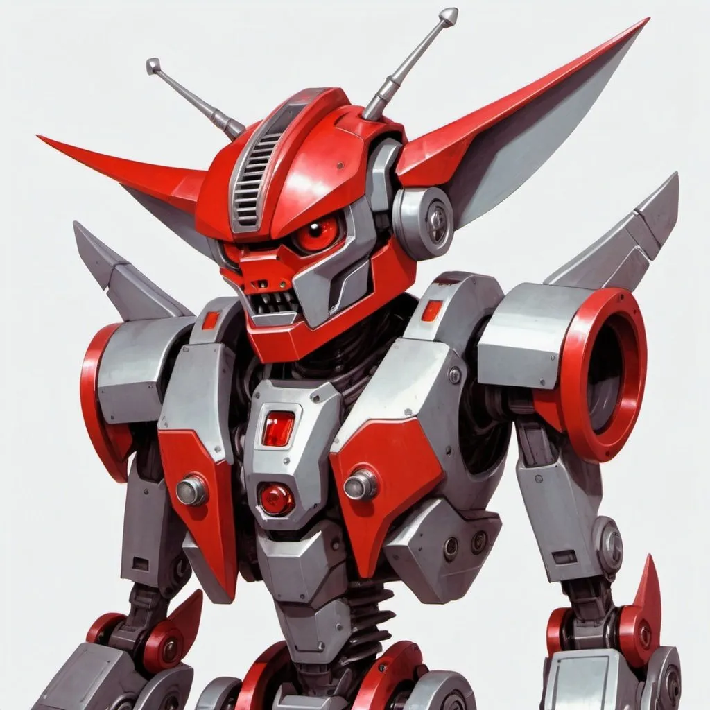 Prompt: red and grey mecha imp with silver blades and horn in 2001: A Space Odyssey art style


