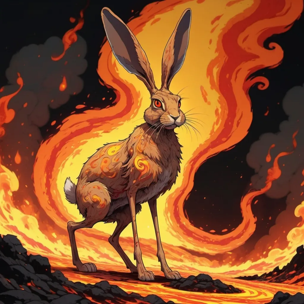 Prompt: Hare with yellow fur that is swirls of red and orange with very long daddy-long-legs walking on lava of a burning world, in anime 2d art style
