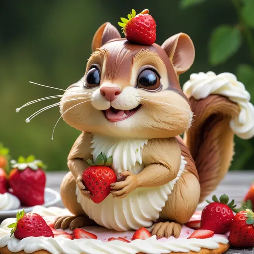 Prompt: Chipmunk with brown sponge-like fur and covered in whipcream and strawberries, Masterpiece, Best Quality