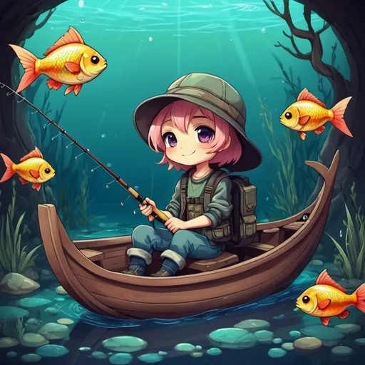 Prompt: Been fishing in cute  vitrail art style
