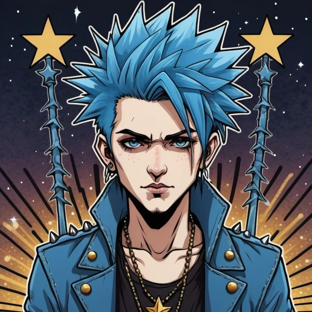 Prompt: Rockstar with spikey blue hair, in anime tarot card art style, background stage