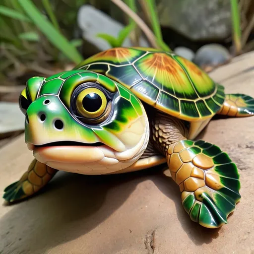 Prompt: Bass Turtle, vivid green and tan with big black eyes, masterpiece, best quality