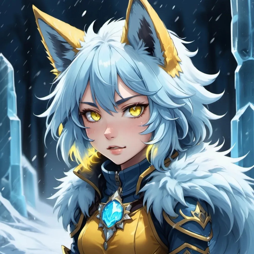 Prompt: Stray Fang Anime Girl with dark ice blue fur and ice blue fur with a bushy tail yellow glowing eyes wolf ears and fangs, wearing ice armor, background ice storm, in magna art style