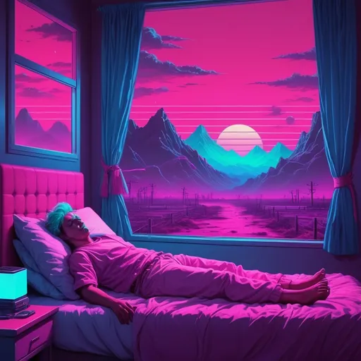 Prompt: Puts enemies to sleep then eats their dreams. Occasionally gets sick from eating bad dreams, in synthwave aesthetic art style