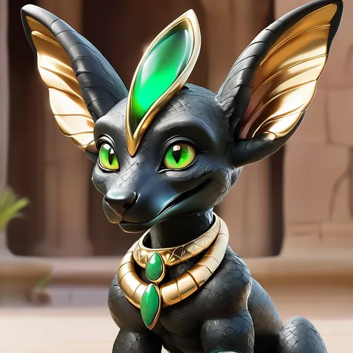 Prompt: Yoshi from SMB anubis-like with large ears and a pointed nose black scales with gold and green egyption jewelry, Masterpiece, Best Quality , in cartoon art style