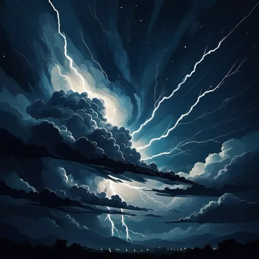 Prompt: Storm flying high in the night sky, in modern art style, background night