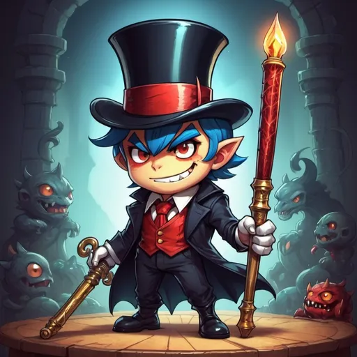 Prompt: with a dagger and a cane and a silk top hat in monster boy art style
