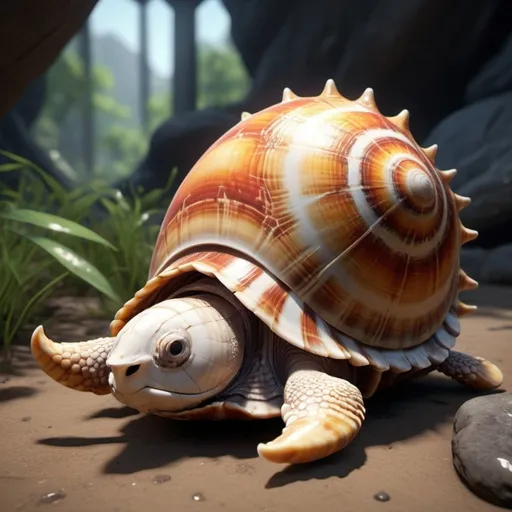 Prompt: Hardens its shell to protect itself. However, a large impact may cause it to pop out of its shell in vibrant unreal engine art style