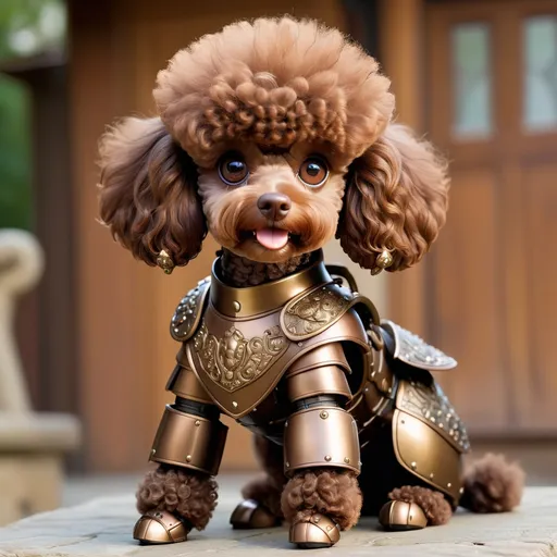 Prompt: Poodle with brown and dark brown fur and bronze armor, looking fierce and cute, best quality, masterpiece