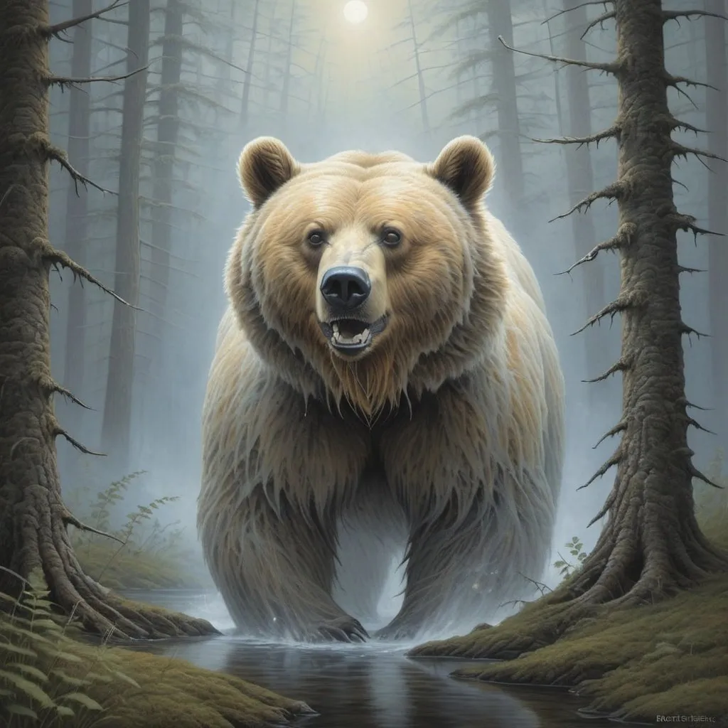 Prompt: Ghostly bear in Robert Bissell  art style
