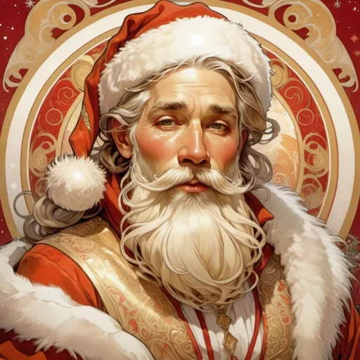 Prompt: Santa Clause with a golden suit with red trim and bone tattoos and woven in beard background north pole glammed out