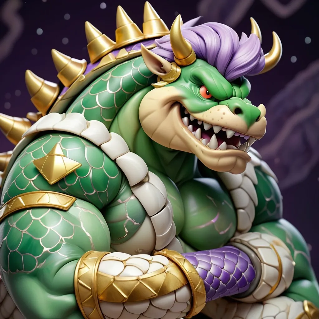 Prompt: Bowser with light gray-violet scales and triangle tattoo a mane of Gainsboro and gold bands on arms and white snake wrapped around arm and a green shell, masterpiece, best quality, background Gemini constellation