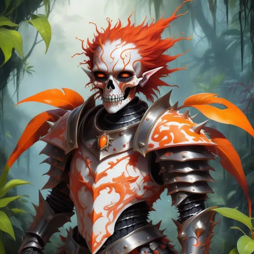 Prompt: Fairy with orange-red skin and solid black eyes covered in  spiked bone and orange vine armor, background crazy colored jungle, masterpiece, best quality