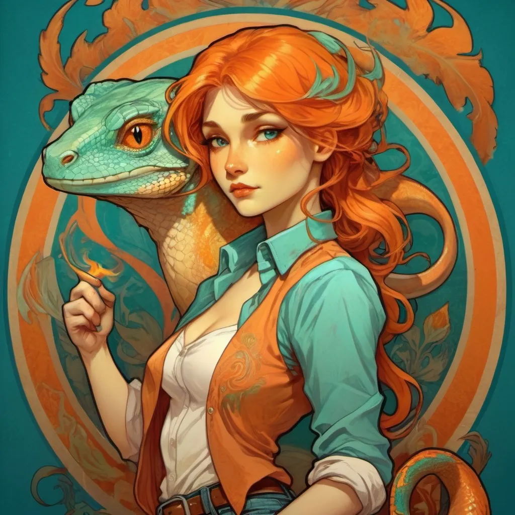 Prompt: Orange scaled Lizard monster girl with bright teal eyes a tail with a flame on it and dressed in a shirt and jeans
