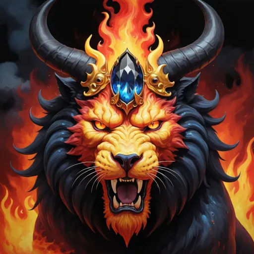 Prompt: A behemoth wreathed in yellow gold and red flames with solid white eyes surrounded by ebony black and a blue flame gem on head and covered in flame clouds, background inferno, in conceptual art style