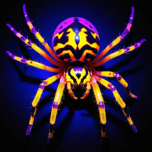 Prompt: red purple and yellow orb spider in blacklight paint art style
