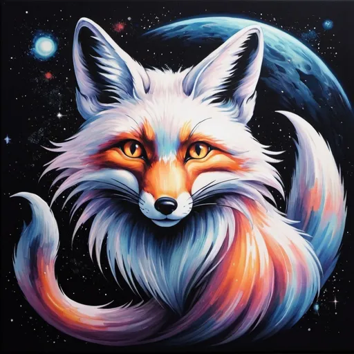 Prompt: incipient Long Tail cosmic fox in creepy pasta canvas painting art style