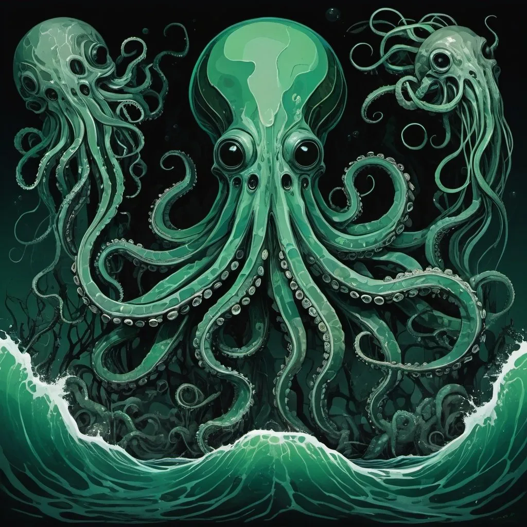 Prompt: The black-green dark waters of the Apocryphal sea with tendrils and tentacles and huge fossils in abstract art style