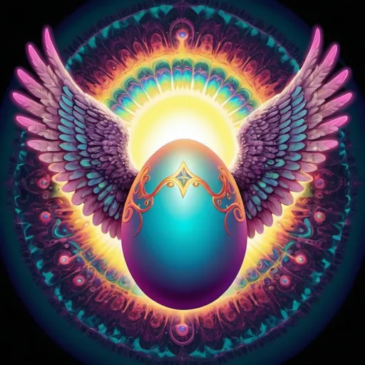 Prompt: An egg with glowing  eyes angel wings and a halo in psychedelic art style
