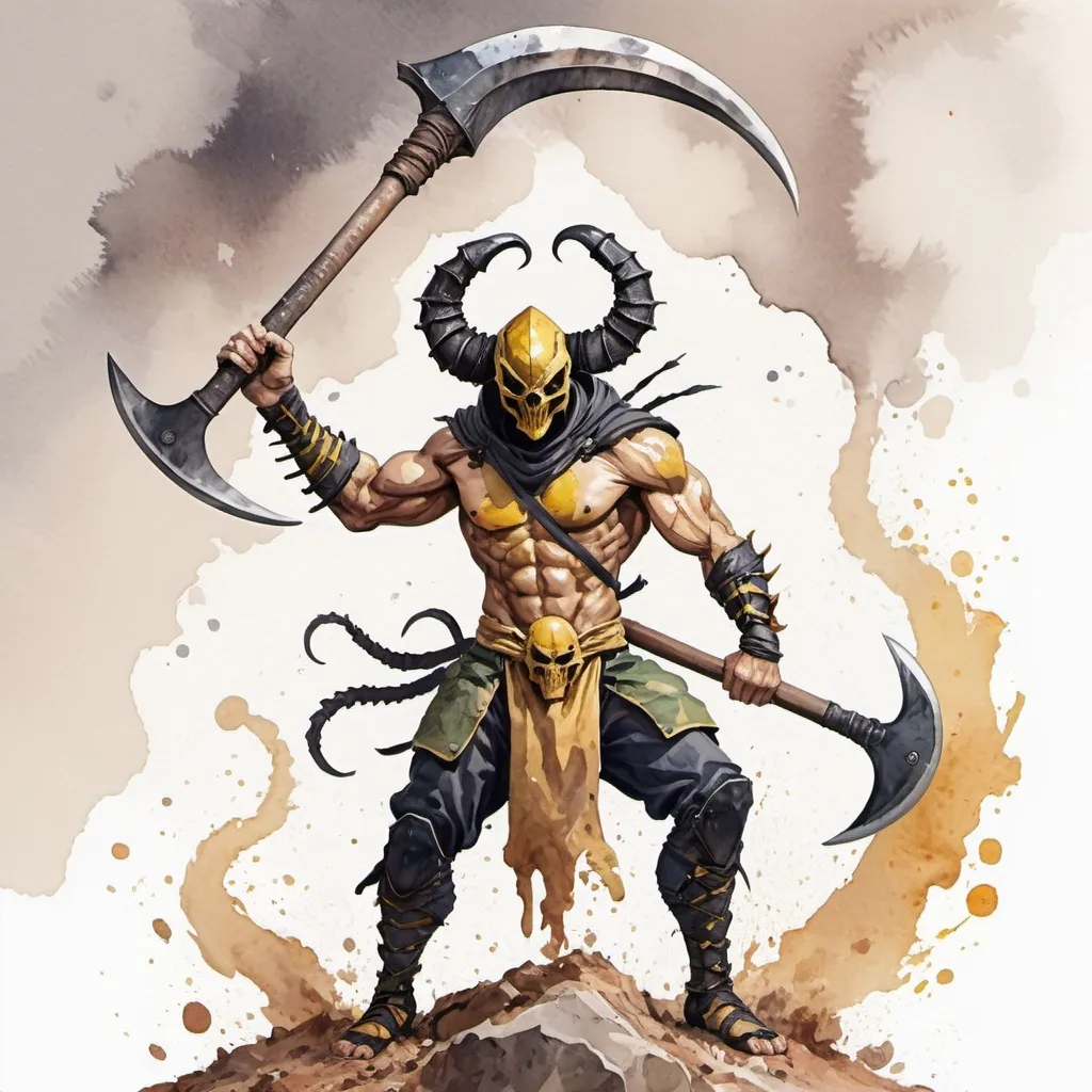 Prompt: Scorpion-man with a giant axe, in watercolor anime art style
