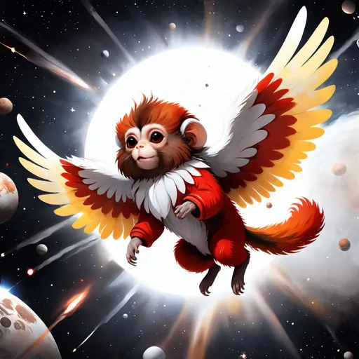 Prompt: Marmoset with pale gray and rust red fur flying in space with wings of white and pale yellow , Pluto, background space, masterpiece, best quality