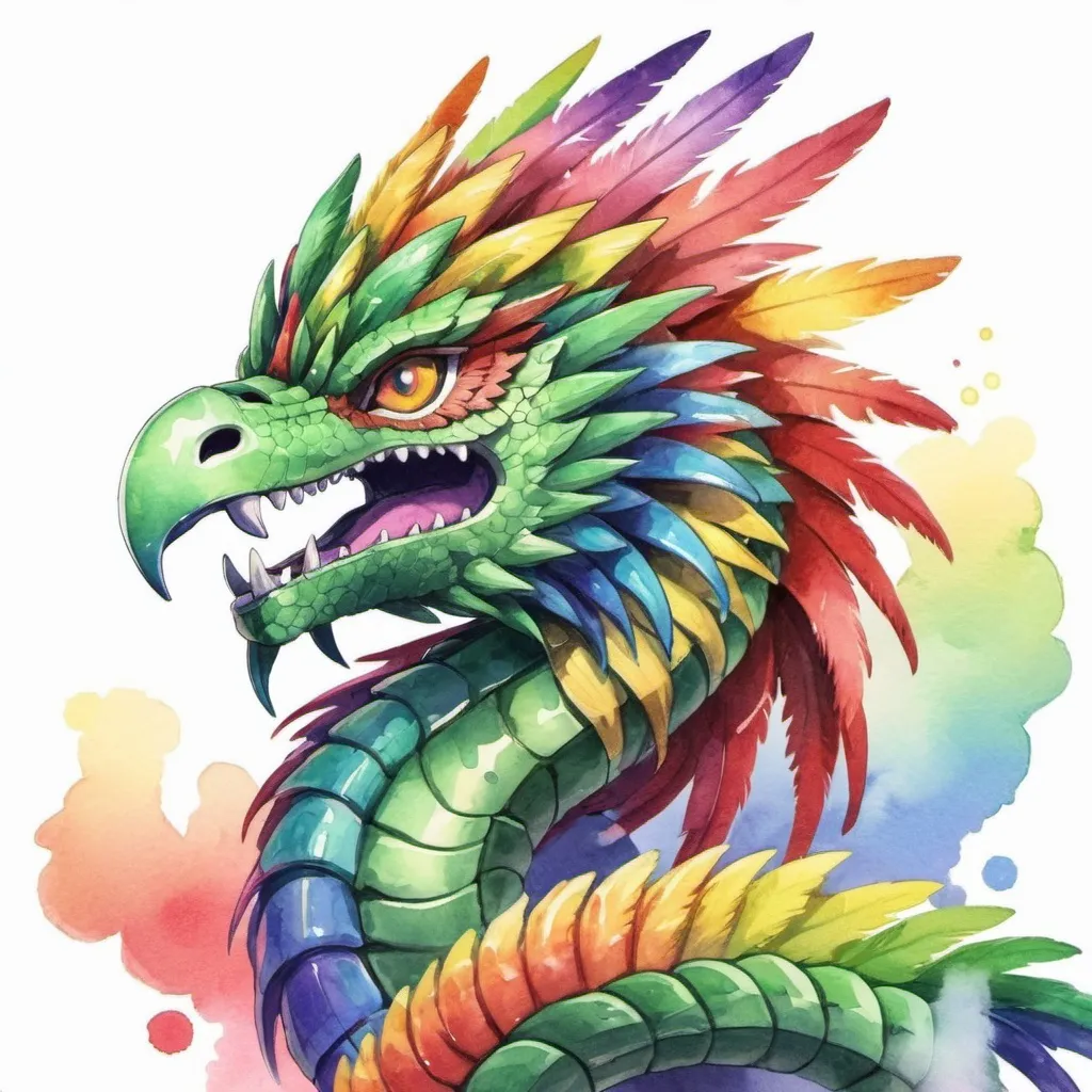 Prompt: Quetzalcoatl in rainbow colors, in watercolor anime art style
