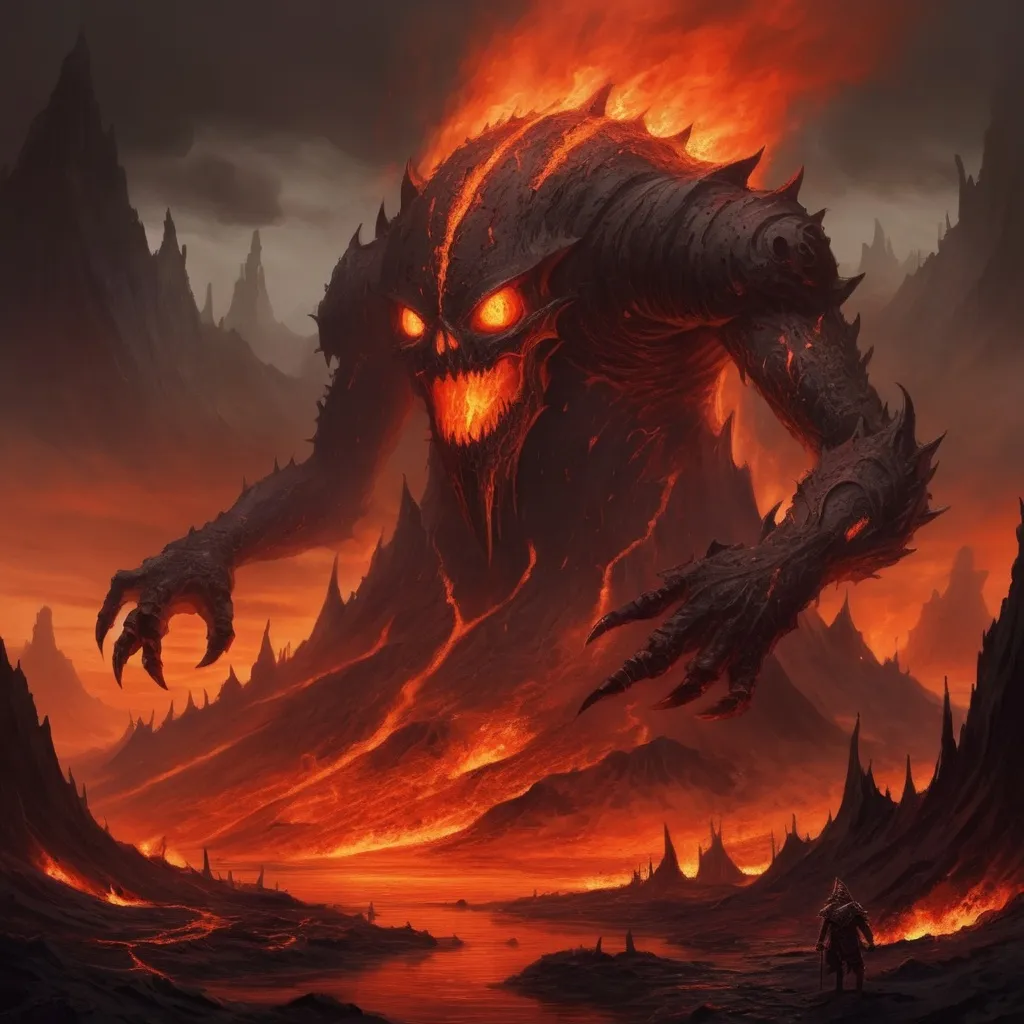 Prompt: The Burn is a volcanic wasteland dominated by rivers of lava and the iron citadels full of Dagon's legions, in nightmare fuel art style